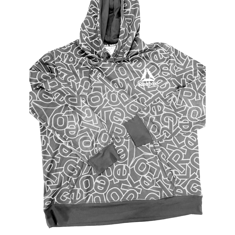 Reebok Mens All Over Print Logo Hoodie Black White XL Sweatshirt
